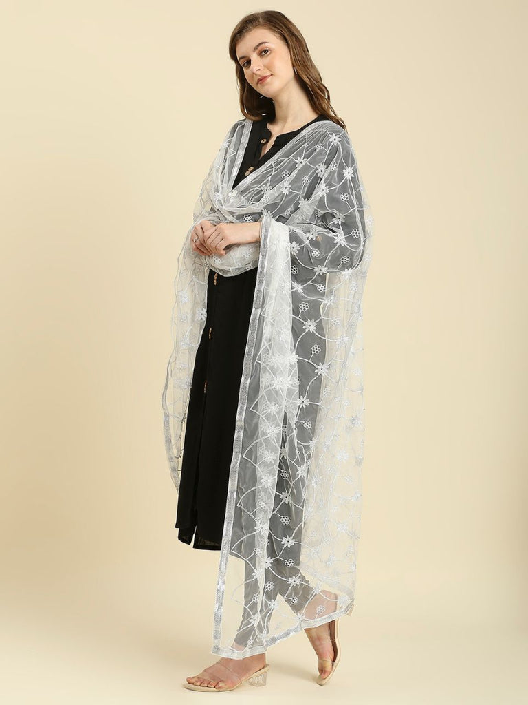 Off White Embroidered Net dupatta with Silver dupatta – Dupatta Bazaar