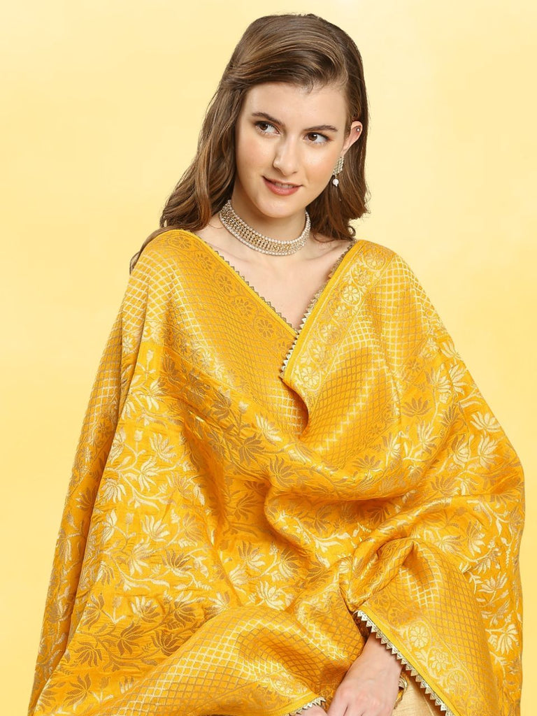 Yellow Banarasi Floral Jaal Dola Silk Dupatta With Gold Border