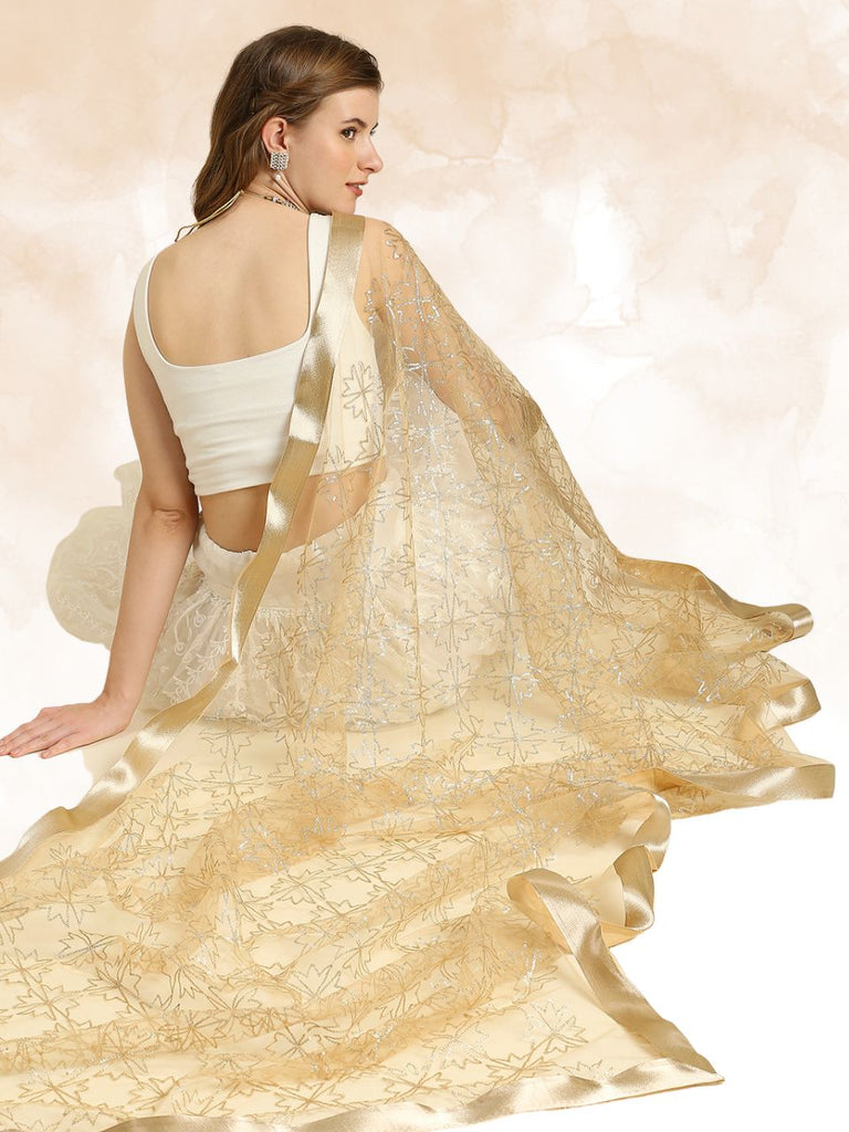 Embroidered Gold Net Dupatta with Satin Border