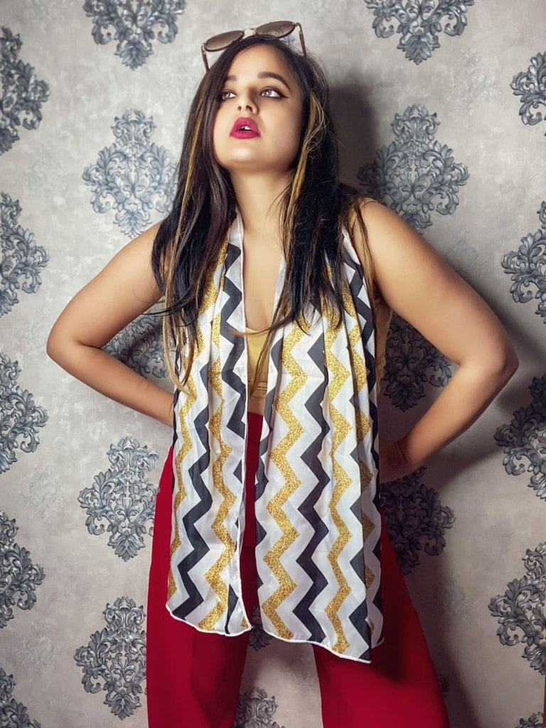 White, Black & Gold Printed Satin Scarf