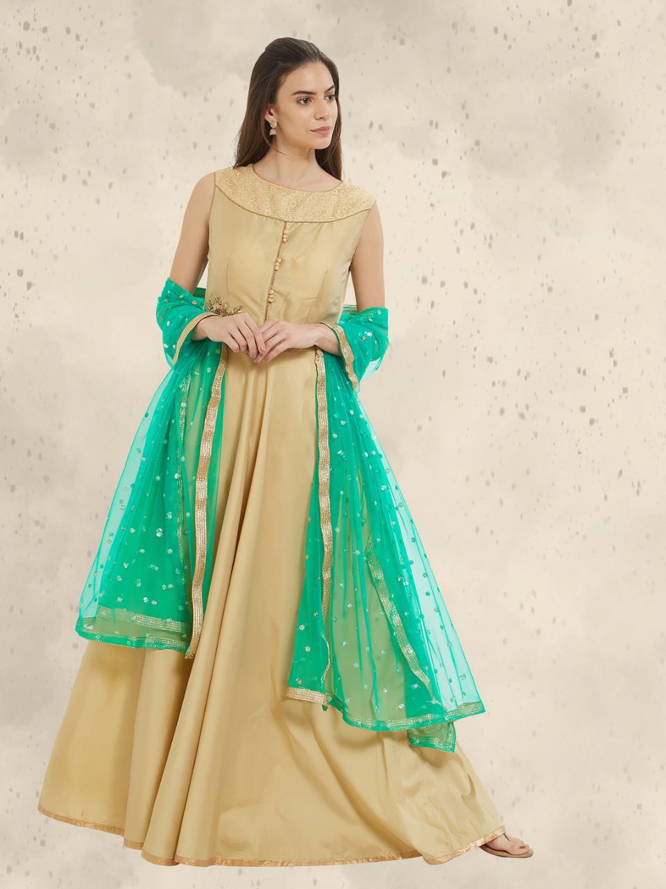 Bottle Green Embellished Net Dupatta with Sequinned main image 1