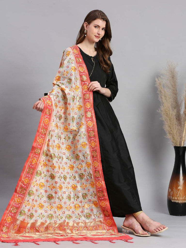 White & Coral Banarasi Patola Silk Dupatta