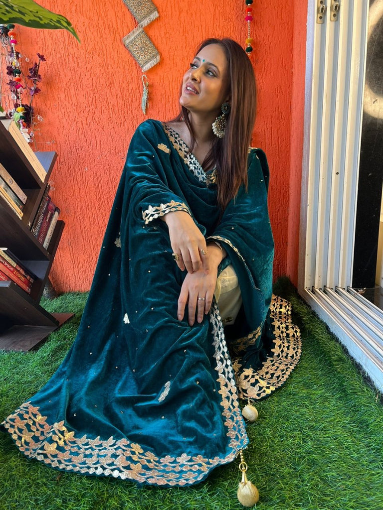 Gotta Patti Work Velvet Teal Dupatta With Danglers