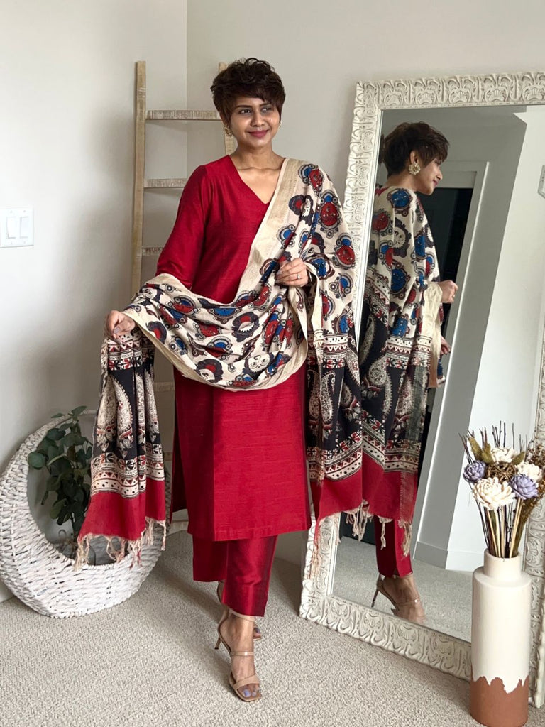 Kalamkari Mangalgiri Maroon & Multi Cotton Dupatta