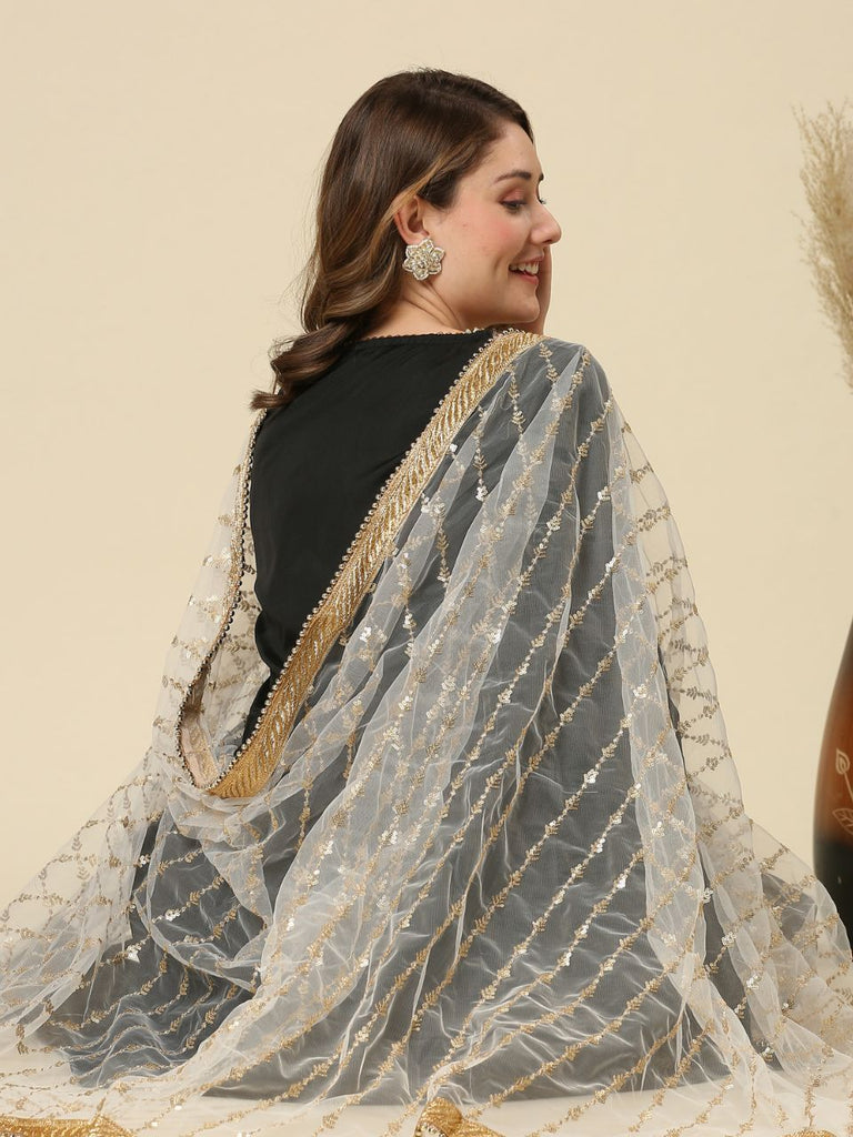 White Gold Embroidered Net Dupatta