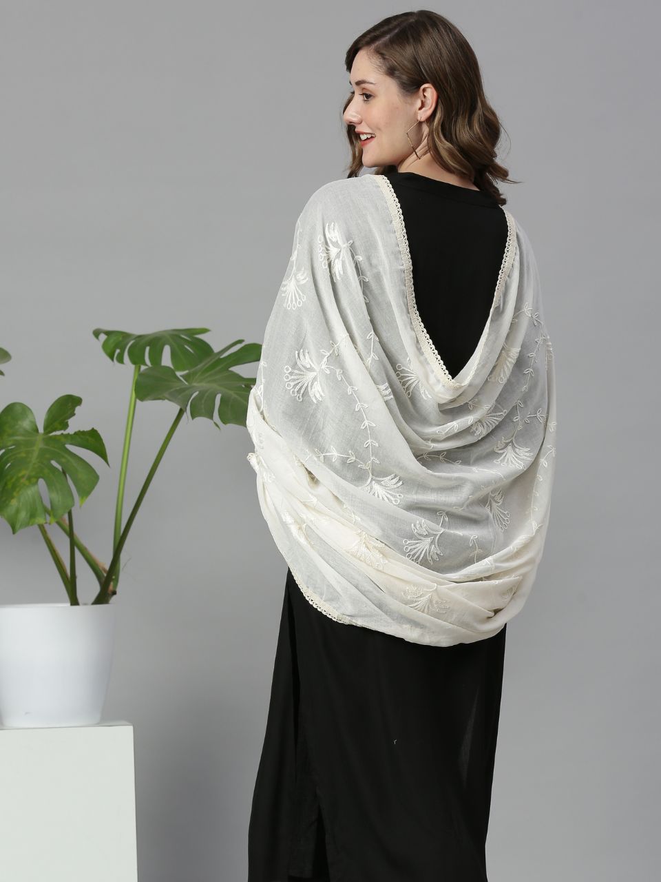 Off white Rich Embroidery Mul cotton Dupatta