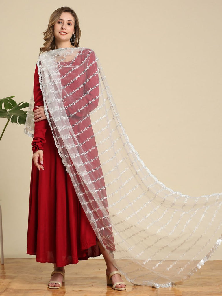 Floral Embroidered Silver Net Dupatta
