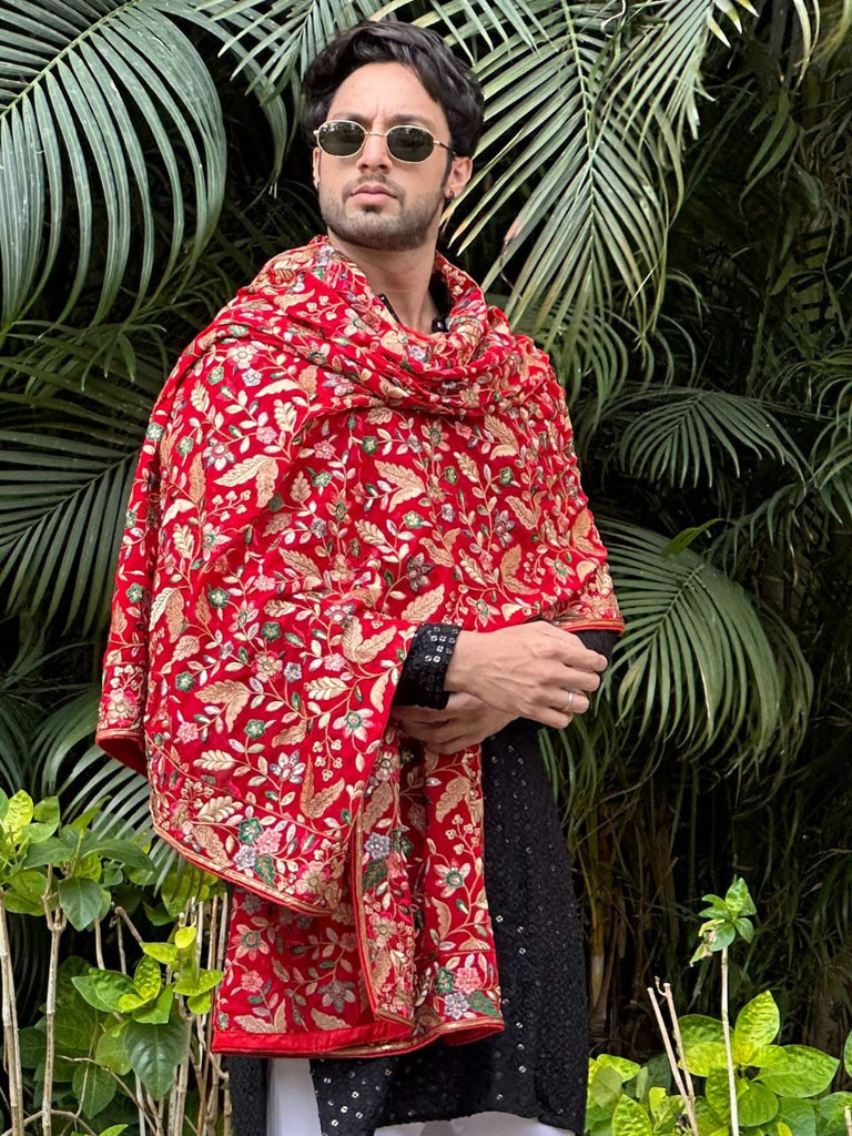 Men's Red Dupatta with Heavy Multicolour Embroidery for Kurta/Sherwani/Achkan