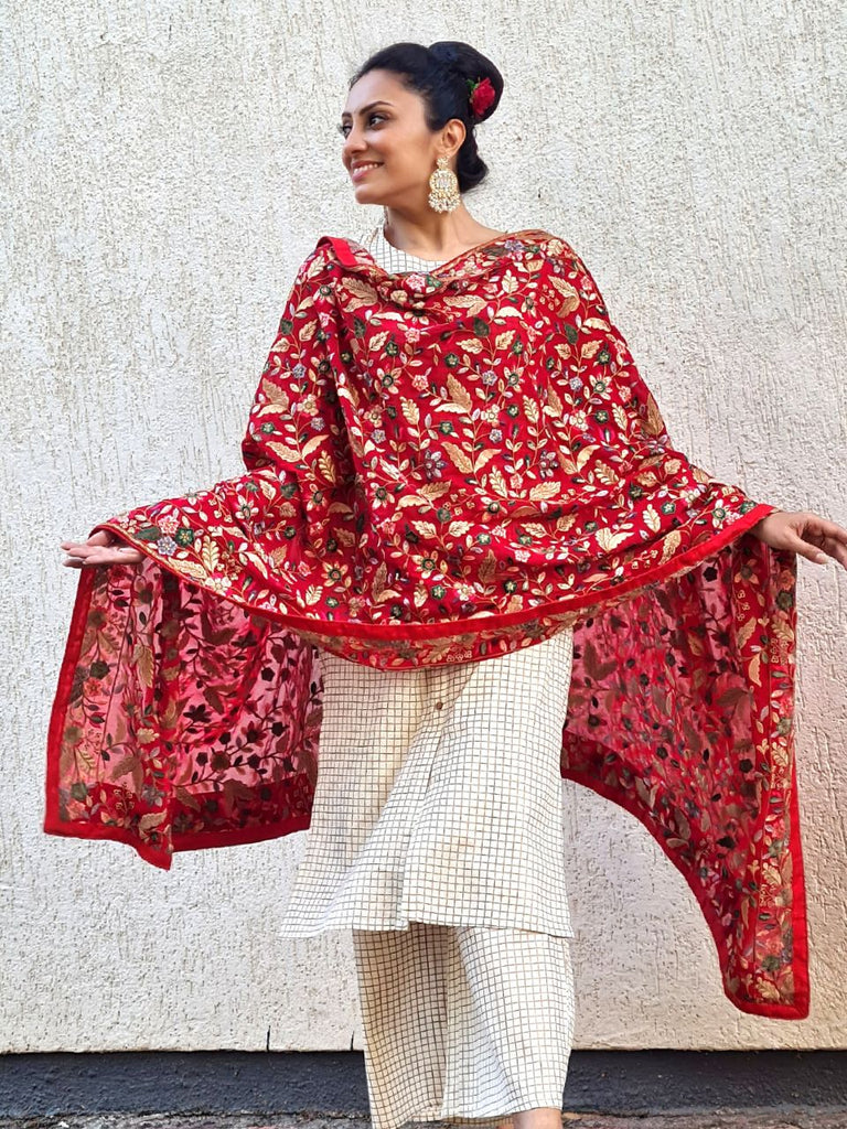 Red Dupatta with Heavy Multicolour Embroidery
