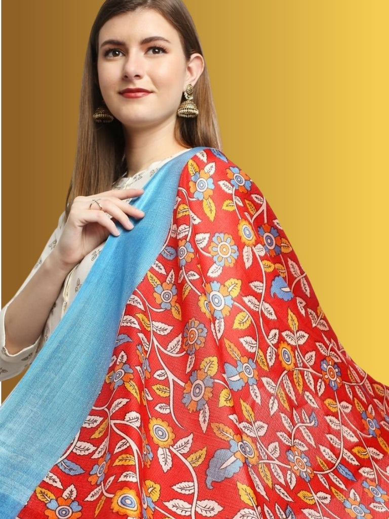 Red Floral Printed Art Silk Dupatta