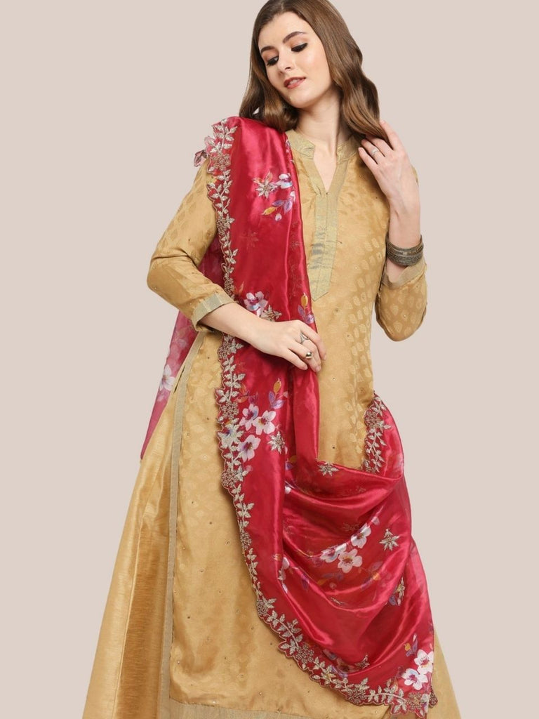Digitally Printed & Embroidered Organza Cherry Pink Dupatta