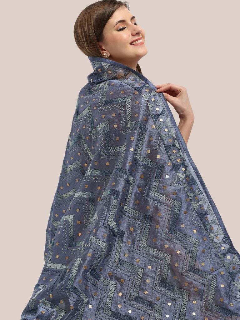 Embellished Grey Embroidered Chanderi Dupatta