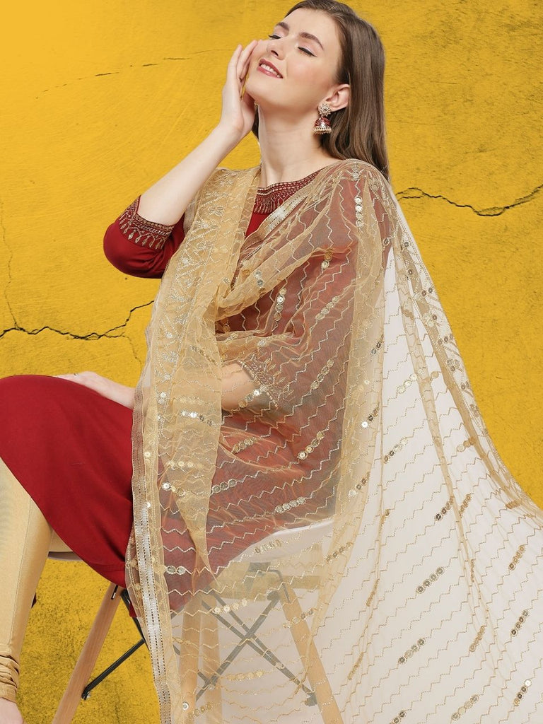 Gold Floral Embroidered Net Dupatta