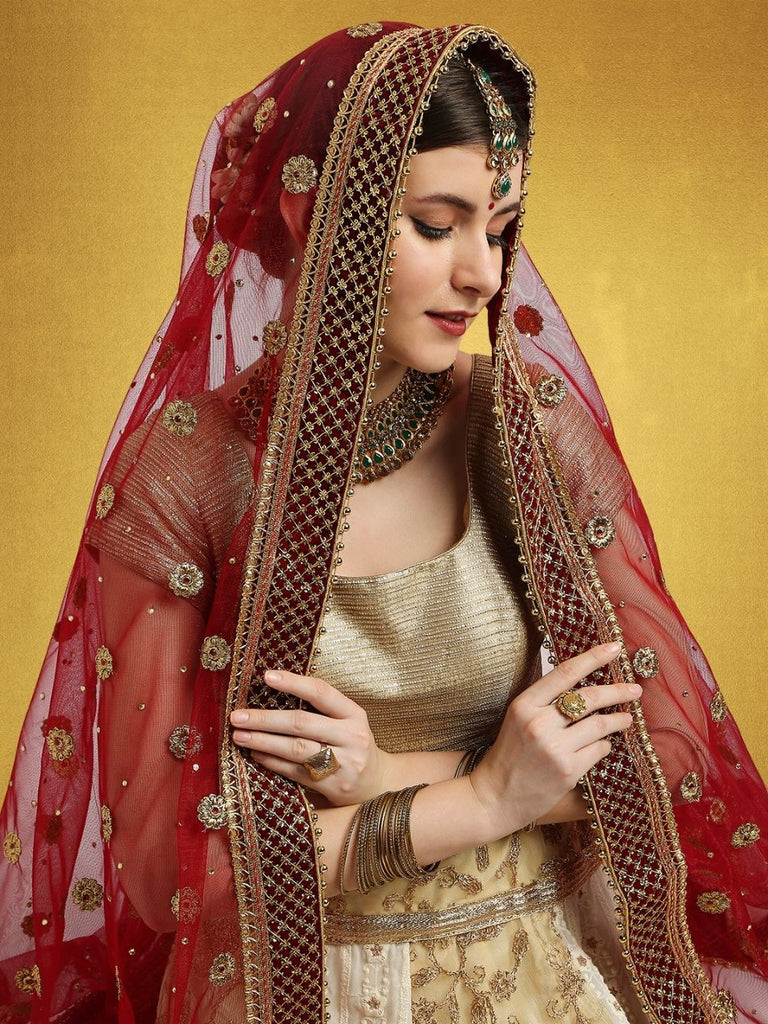 Embroidered Maroon Bridal & Wedding Wear Net Dupatta