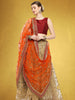 Embroidered Orange Bridal/Wedding Wear Net Dupatta
