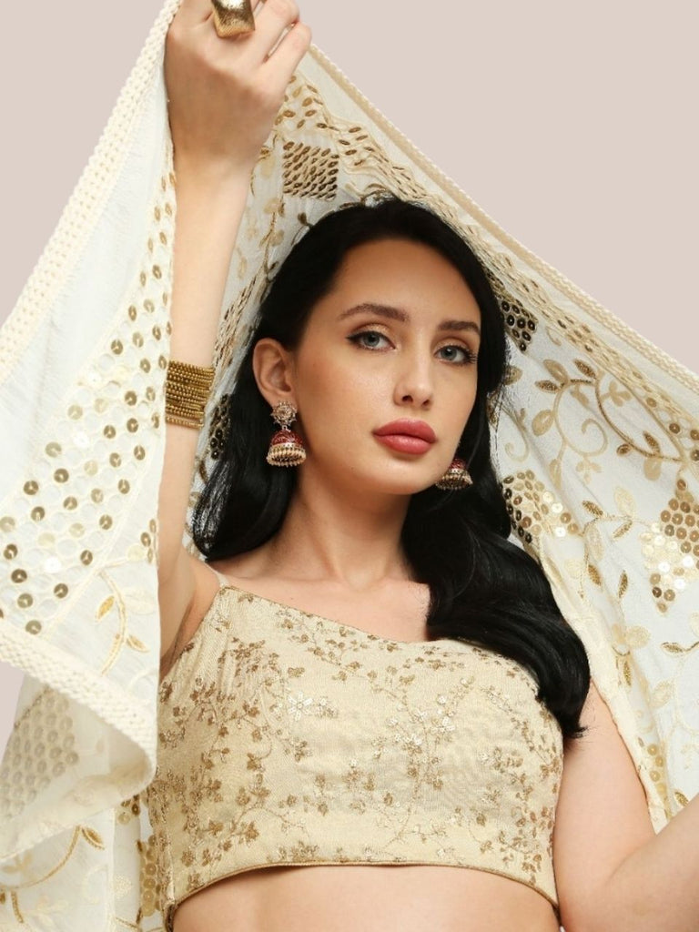 Cream & Gold Embroidered Chiffon Dupatta