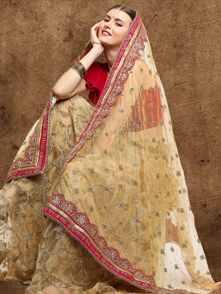 Gold Bridal Sada Saubhagyawati Bhav Net Dupatta with heavy Magenta Border