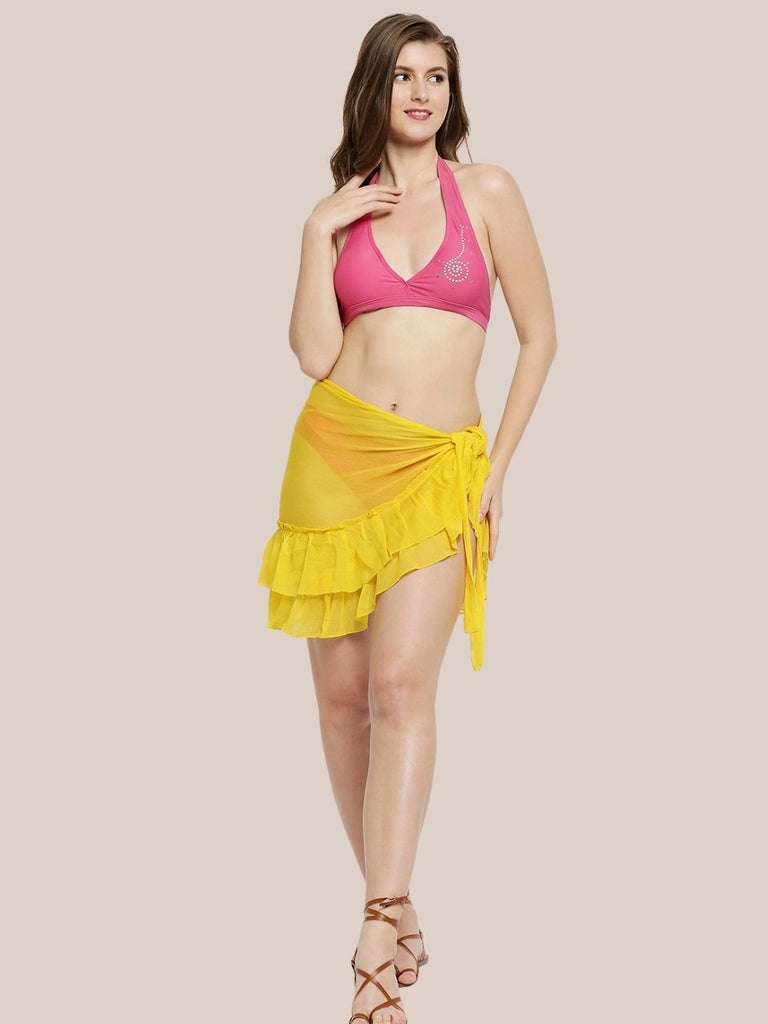 Chuangdi 2-Piece Sarong Cover Ups For Women - Chiffon Beach Wrap Skirt, White & Yellow, Small