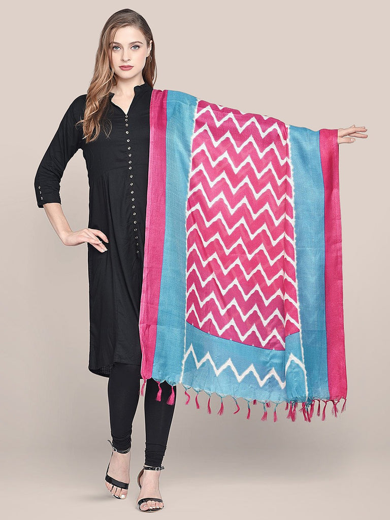 Printed Pink & Blue Art Silk Dupatta freeshipping - Dupatta Bazaar