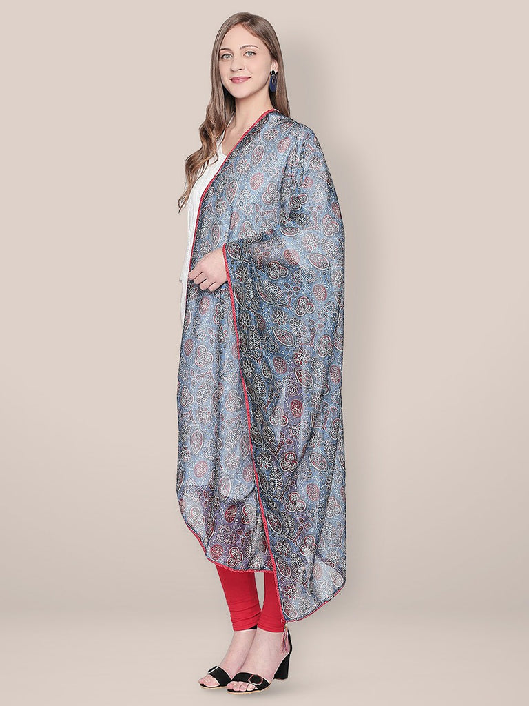 Indigo Printed Art Silk Dupatta with lace freeshipping - Dupatta Bazaar