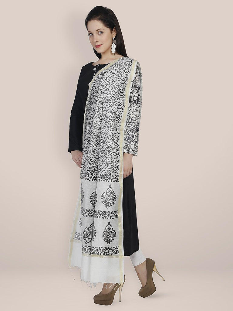 Black and White Printed Silk Dupatta freeshipping - Dupatta Bazaar