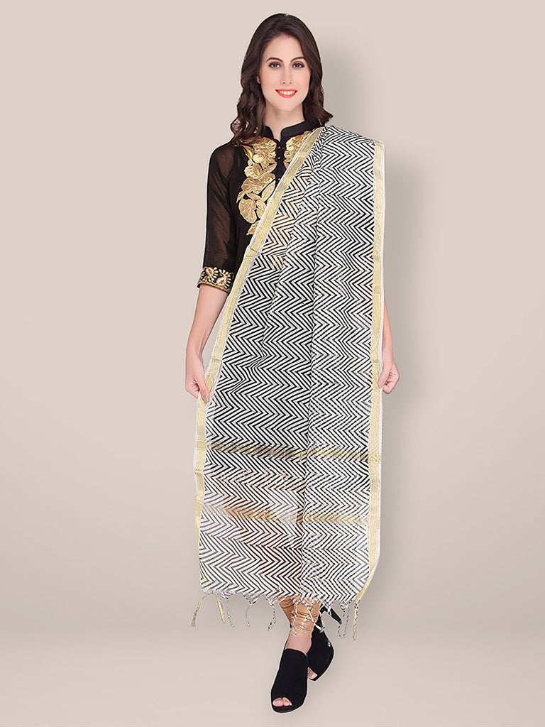 Black & White Blended Silk Printed Dupatta - Dupatta Bazaar