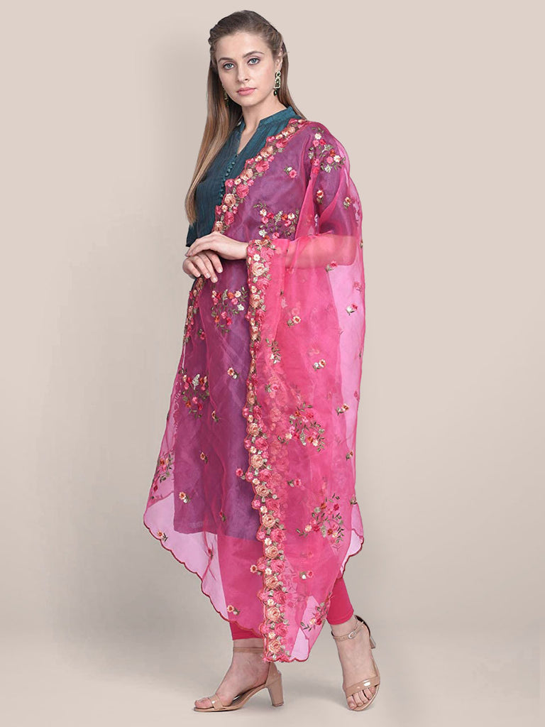 Pink Organza Dupatta with Multicolor Floral Embroidery Dupatta Bazaar