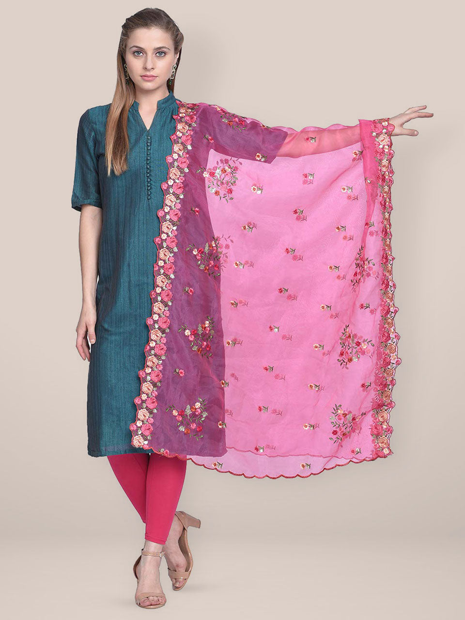 Pink Organza Dupatta with Multicolor Floral Embroidery Dupatta Bazaar