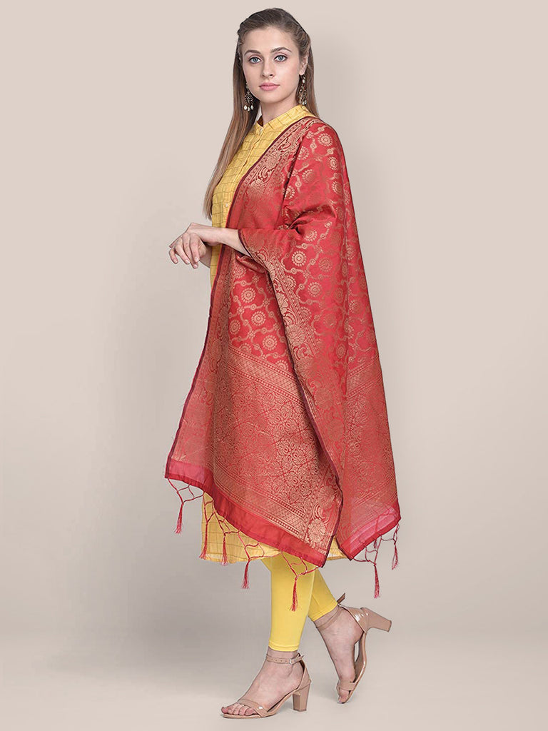 Red Banarasi Silk Dupatta with floral design. freeshipping - Dupatta Bazaar