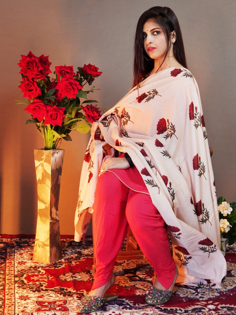Printed Cream & Multicoloured Silk Dupatta freeshipping - Dupatta Bazaar