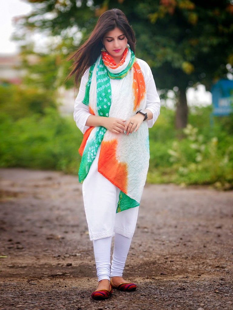 Tri Colour Tiranga Bandhini Silk Dupatta Stole 2meters(Independence Day/Republic Day) Dupatta Bazaar